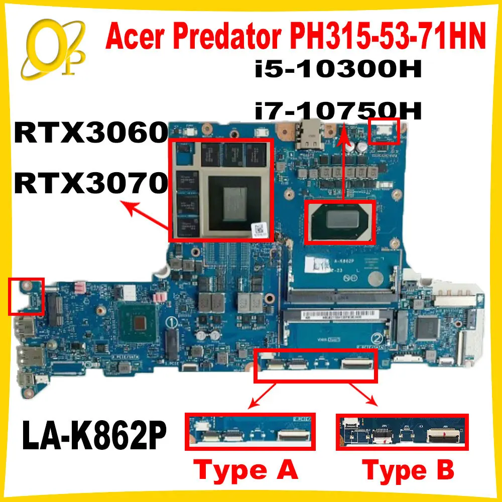 GH51M LA-K862P Mainboard for Acer Predator PH315-53-71HN laptop motherboard i5-10300H i7-10750H CPU RTX3060/3070 GPU DDR4 Tested