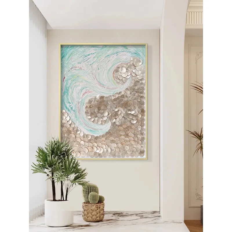 Creative French landscape hand-painted oil painting guest restaurant background wall two pictures natural shell decorative paint