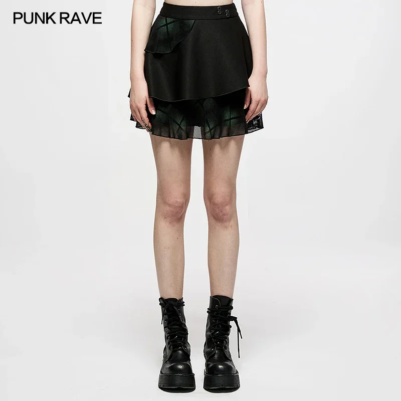 

PUNK RAVE Women's Dark Green Plaid Elastic Waist Spliced Asymmetric Ruffles Skirt Punk Style Daily Playful Young Mini Skirts