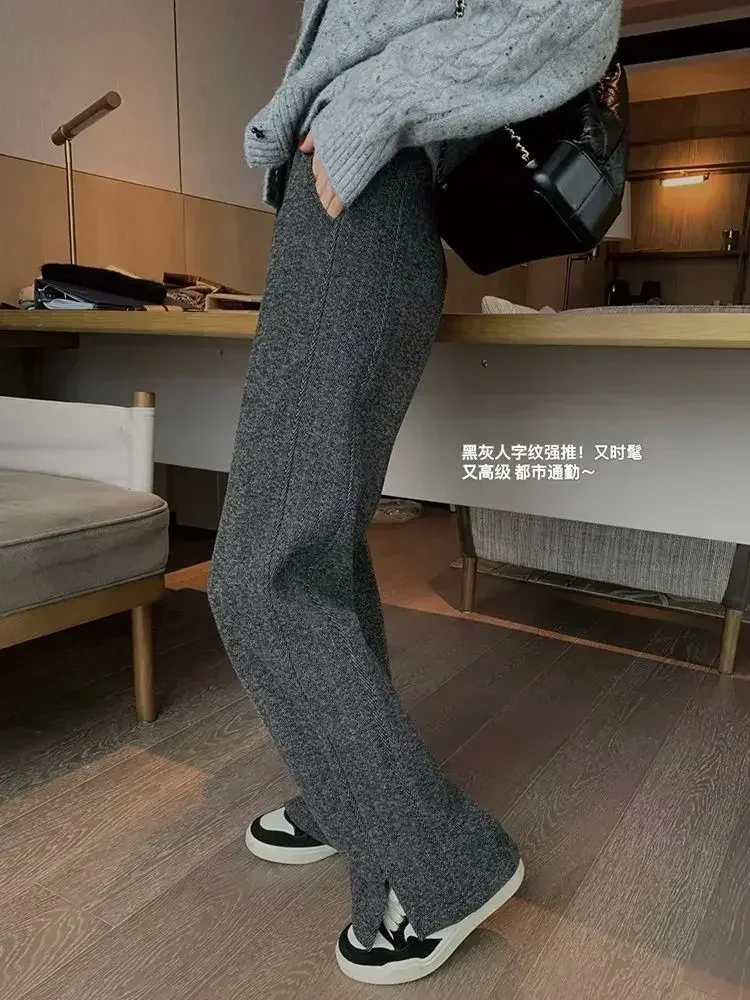 Women Pants Autumn Winter Thickening High Waisted Wool Wide Leg Pants Women Fashion Chevron Lengthening Leg Opening Floor Length