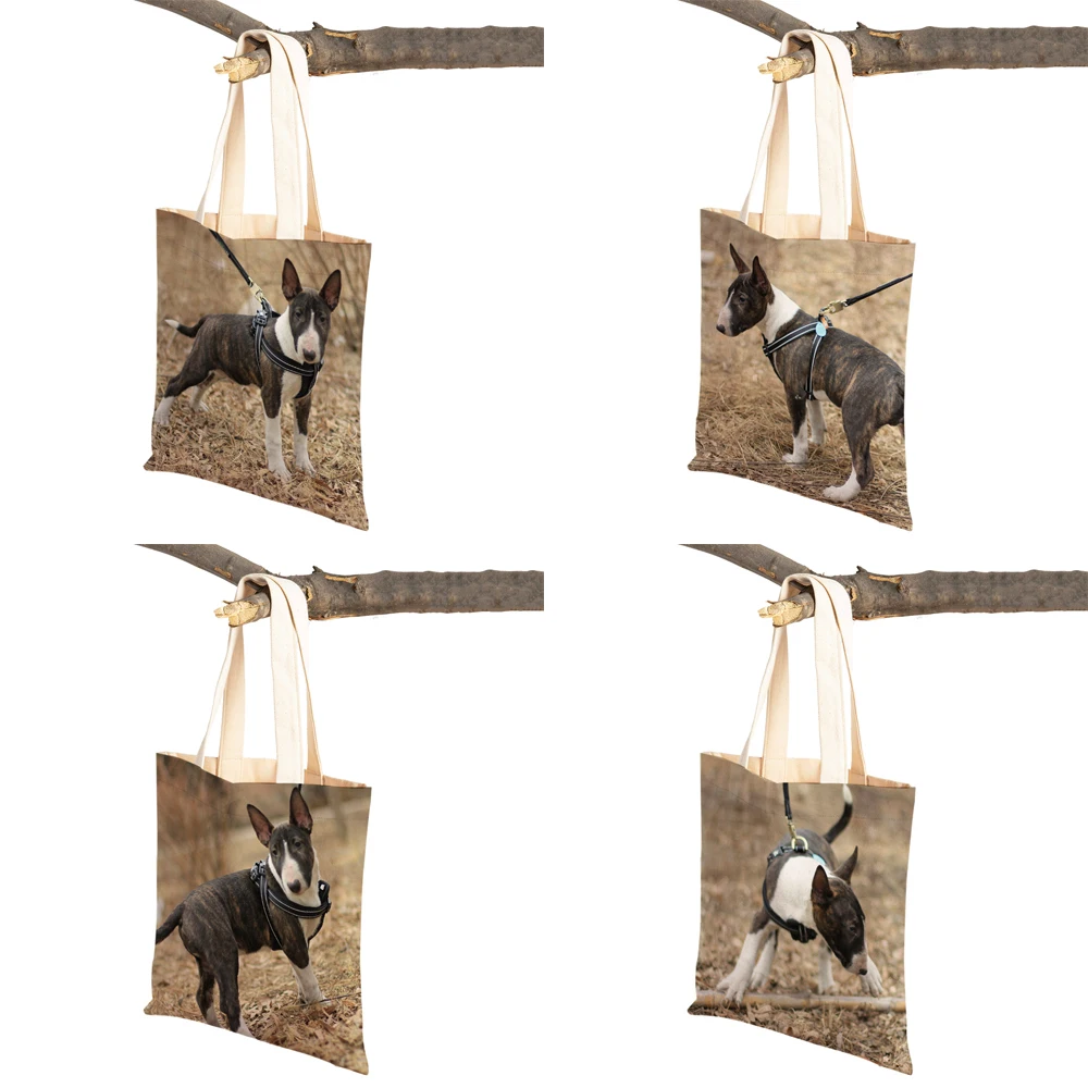 Casual England Pit Bull Terrier Dog Tote Shoulder Handbag for Lady Reusable Pet Animal Canvas Women Student Shopping Bag