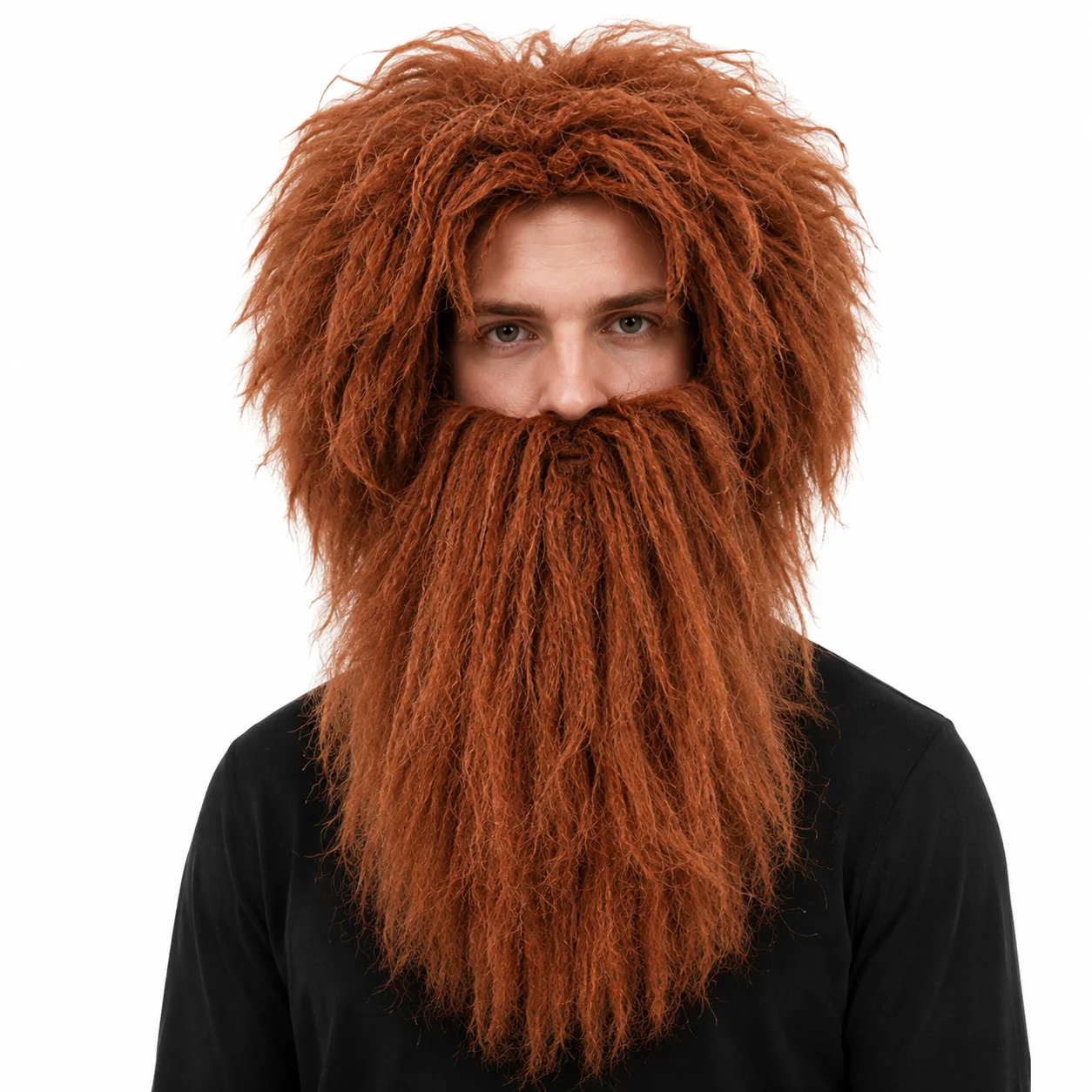 Mens Wild Cave-dweller Costume Wig with Full Long Beard Fluffy Synthetic Hair Headwear for Adult Halloween Cosplay Fancy Dress