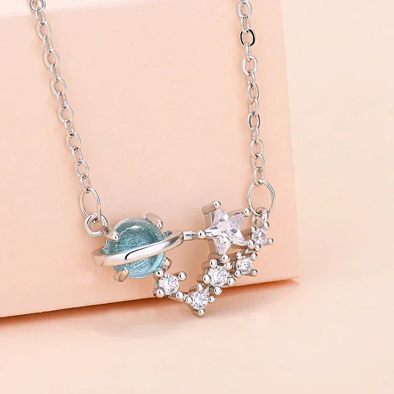 

Fashion Star Planet Pendant Necklace Cute Sweet Girl Clavicle Chain Necklace with Blue Crystal Planet Charms Friendship Jewelry