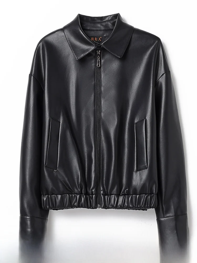 

Ning Women's ort Lamb Leather Jaet Loose Motorcycle Sle Bla Spring Autumn Korean Version Biker Genuine Leather ...