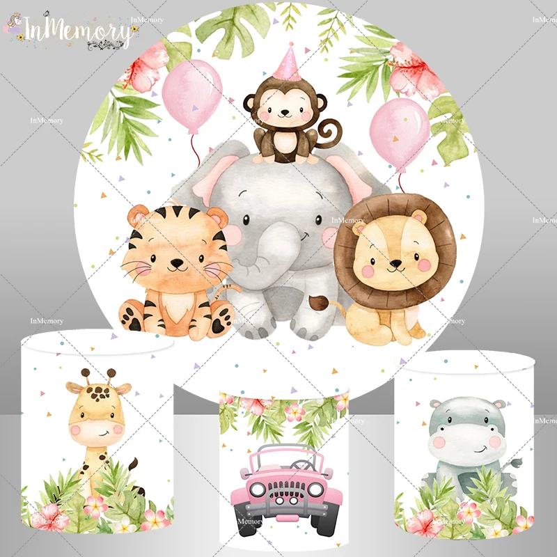 Jungle Safari Party DecorationBaby Shower Newborn Round Backdrop Animals Kids Birthday Background Cylinder Cover Elastic