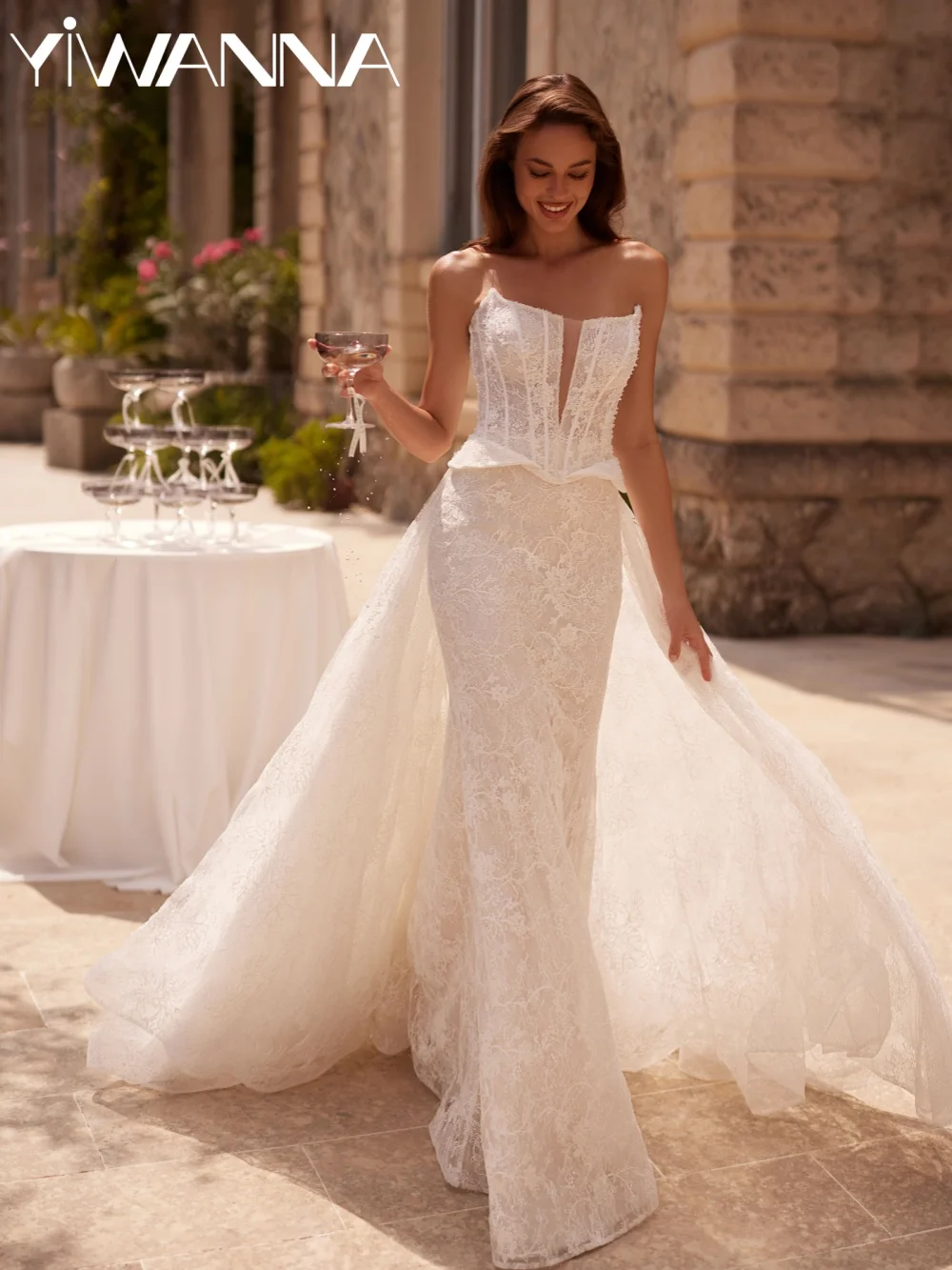 

Свадебное платье с корсетом, расшитым бисером и кружевом, со съемным шлейфом, длинное, на заказ, без бретелек, для невесты