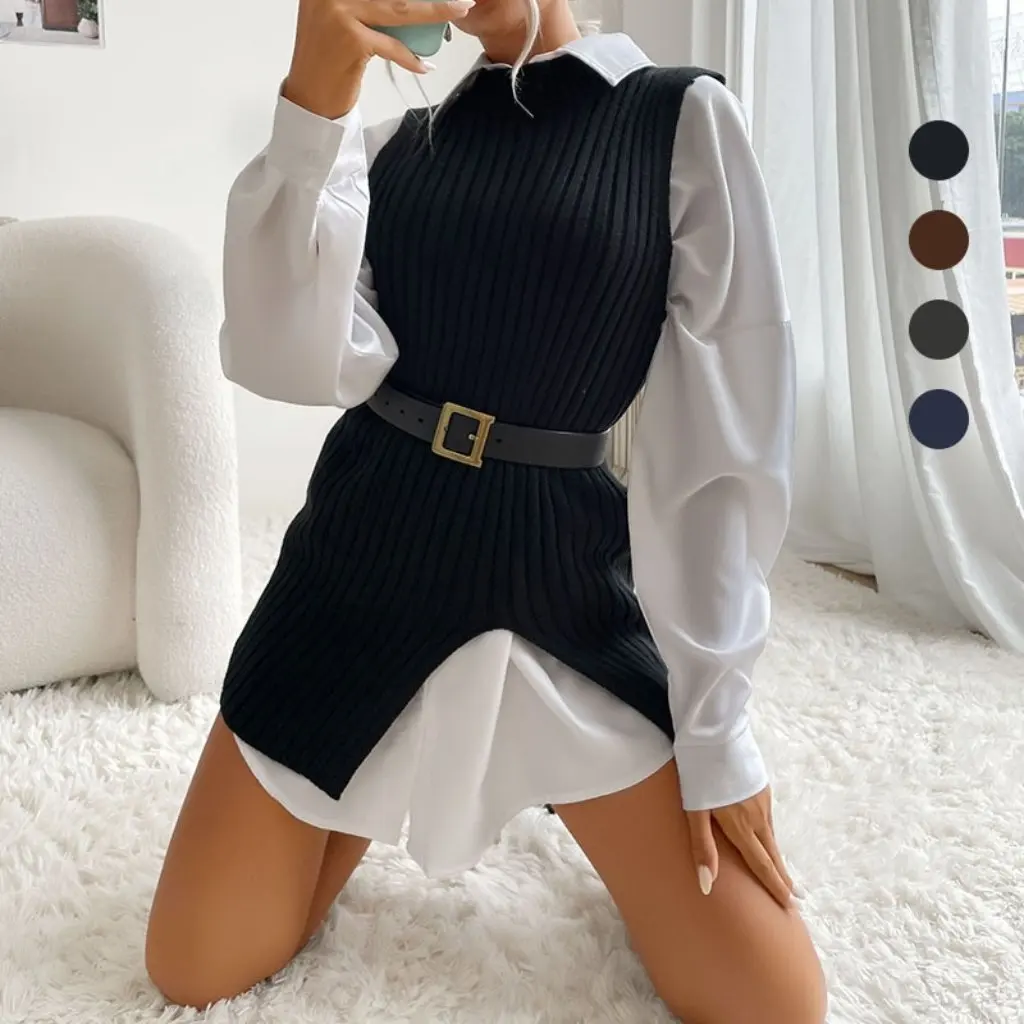 

Осень-зима, жилет без рукавов с разрезом, трикотаж, европейско-американский стиль, дизайн в полоску, модный женский кардиган, юбка