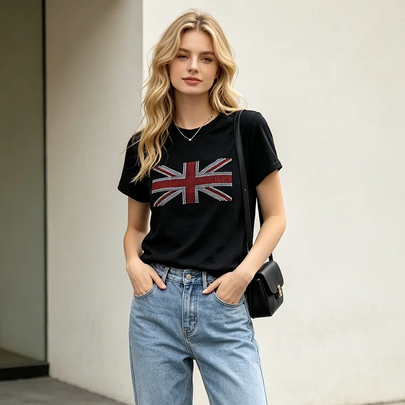 Summer New Retro Personalized Hot Bead Design National Flag Pattern Short Sleeve Round Neck Street Trendy Top Slimming T-shirt