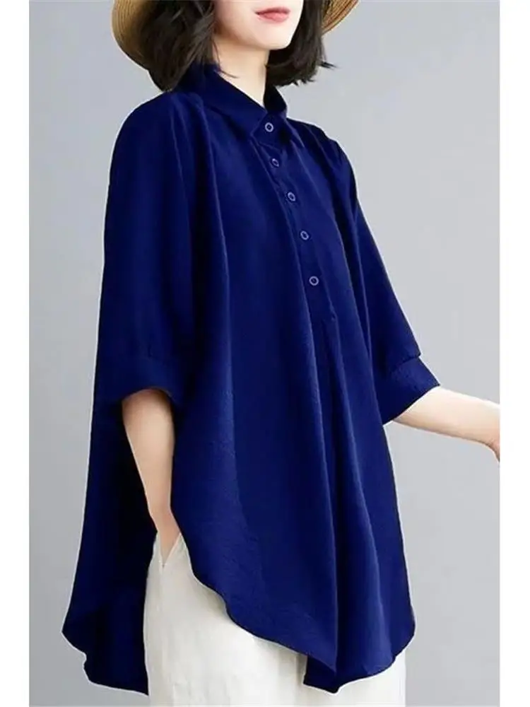 Ladies Loose Fit plus Size Shirt Five Button Short Sleeve mid Length Commute Friendly Summer Outerwear Shirt Casual Chic