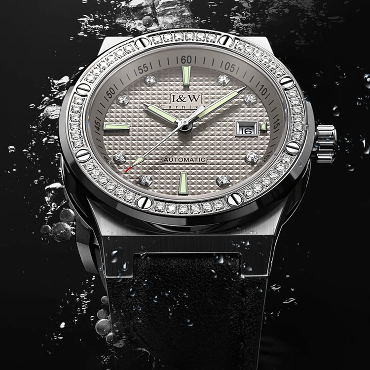 I&W Men Automatic Watch 42mm Mechanical Wristwatch 50m Waterproof Luminous Sapphire Leather Strap Crystal Bezel Grid Dial