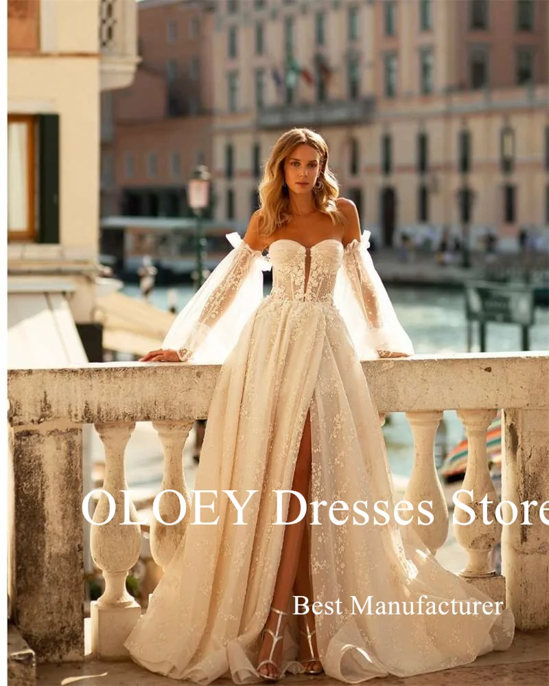 OLOEY Elegante Spitze Floral A-linie Brautkleider Boho Puff Lange Ärmel Schatz Split Brautkleider Vestidos de noiva Customiz