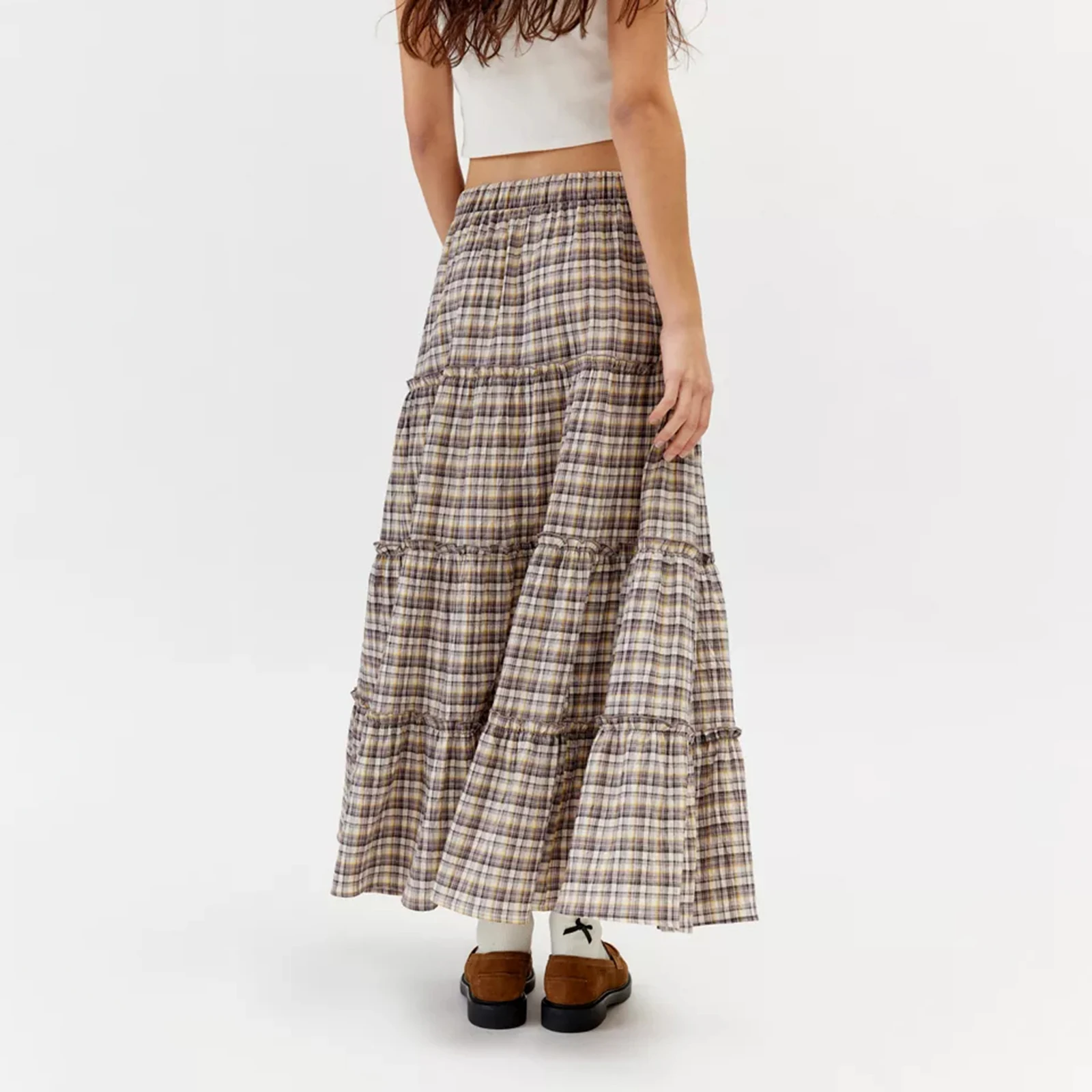 Gaono Women Y2k Plaid Tiered Maxi Skirt Elastic Low Waist Gingham A Line Long Skirt Ruffle Flowy Swing Vintage Midi Skirts