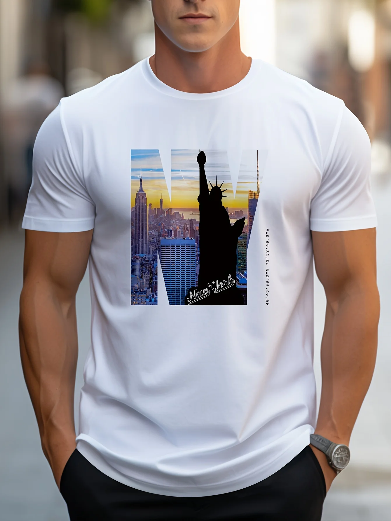 

Men's 100% pure cotton summer loose fit large size NY Graphic print casual slim fit round neck short sleeved T-shirt top