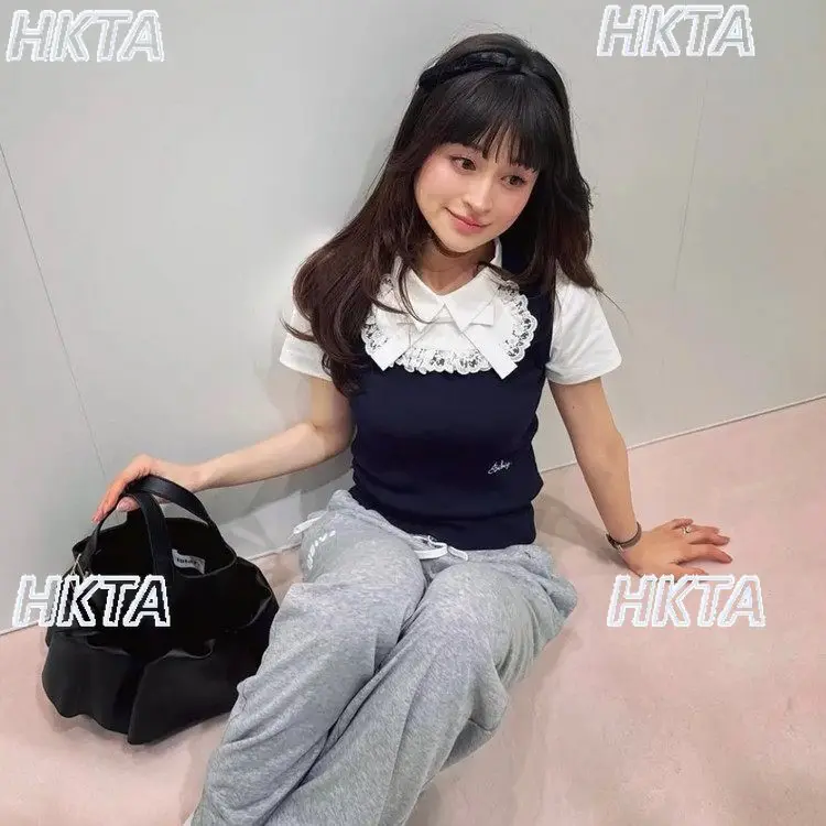 Japanese Harajuku T-shirt Soft Chic Detachable Lace Ribbon Color Block Design Elegant Turn-down Collar Short Sleeve Tshirt Top