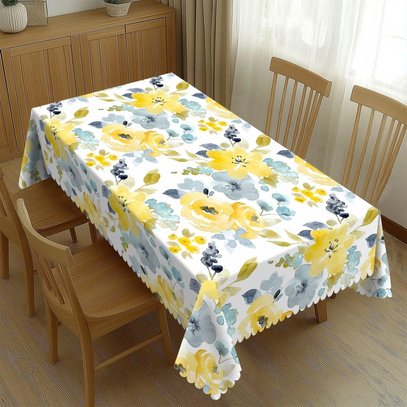 Aquarell-Tischdecke mit gelben und blauen Blumen, wasserdichte Tischdecke aus Polyester für die Dekoration von Küche und Esszimmer