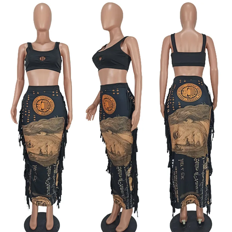 Y2K Portrait Printed Ankle Length Skirts Fashion Streetwear Tie Dye Tassel Long Skirts Vintage Casual Bodycon Women Outfits