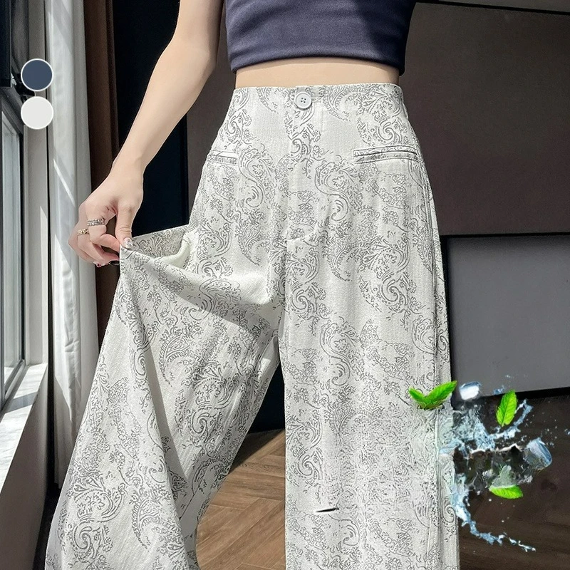 

2025 новые льняные широкие брюки из ледяного шелка с принтом для женщин, летние свободные висячие прямые брюки с высокой талией, повседневные узкие брюки