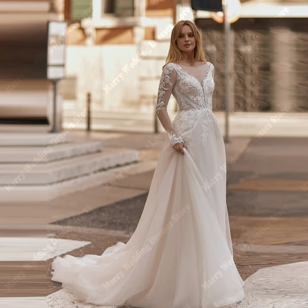

2025 Elegant A-Line Women Wedding Dresses Sexy V-Neck Tulle Bridal Gowns Lace Sleeves Princess Ball Vestido De Novias Customized