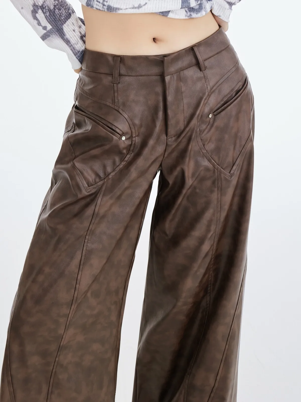 ZHISILAO New Vintage Pu Leather Wide Leg Pants for Women Solid Loose Brown Trousers Autumn Winter 2023