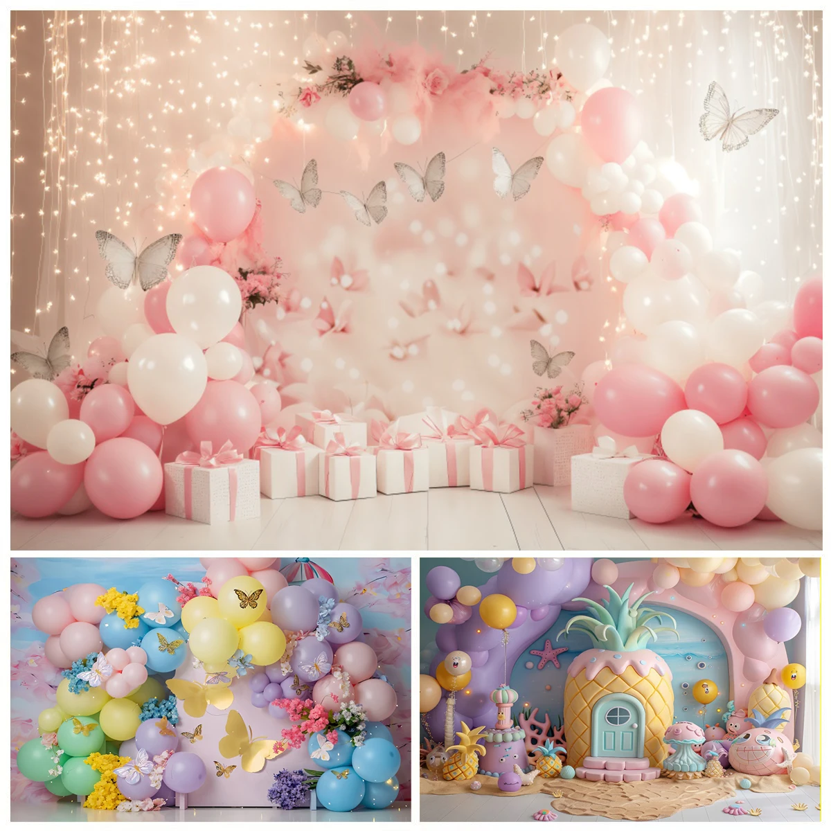 

Фон для вечеринки в честь дня рождения новорожденного для фотографий, розовая бабочка, воздушный шар, торт, Smash, детский портретный фон, декор, фотозона