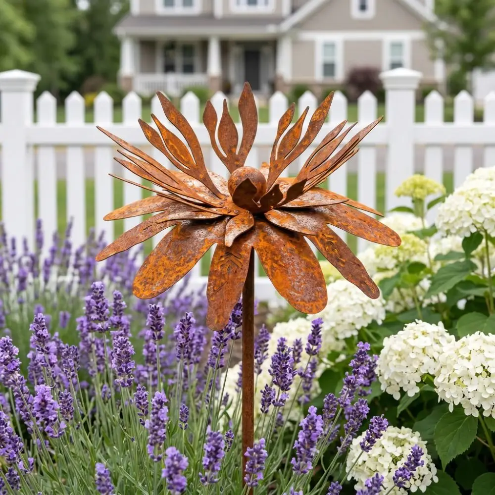 Forest Style Vintage Iron Flower Garden Stake Rustic Outdoor Lawn Lawn Ornament Rust-Resistant Flower Decoration Yard Art