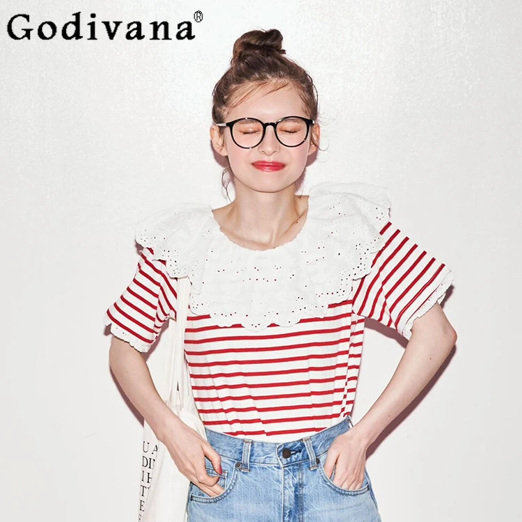 

Japanese Sweet Red Striped T-shirt Women's Summer Ruffle Edge Collar Loose Casual Short-sleeved Top Student Cotton T-shirts