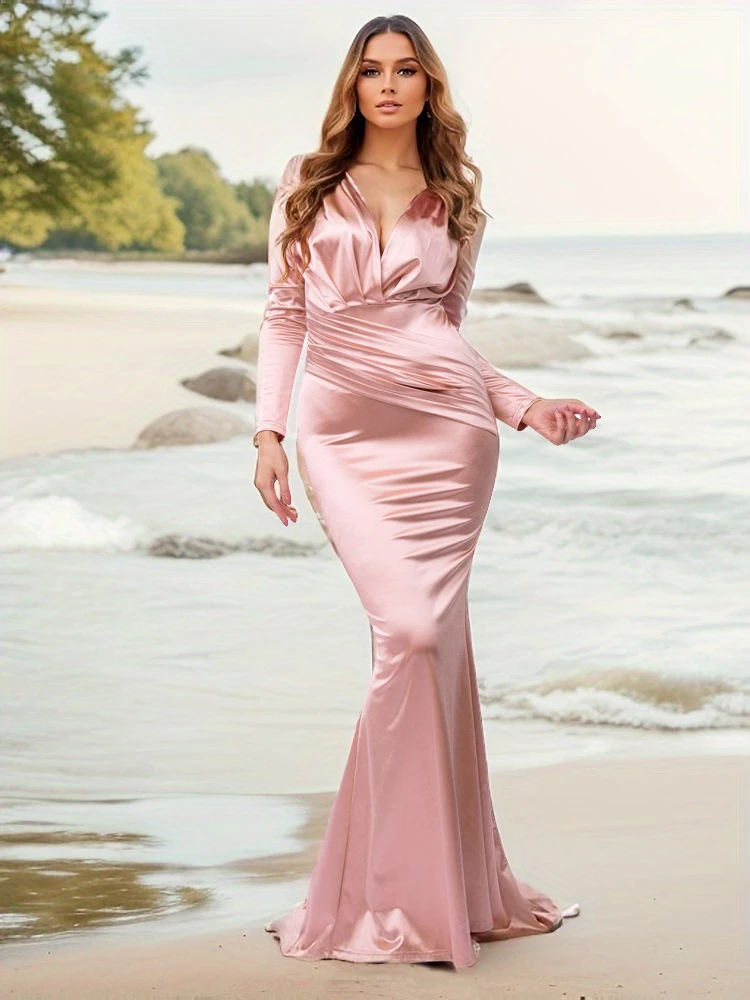 Romagic Elegant V Neck Ruched Wedding Evening Dress Satin Full Sleeve Low Cut Pink Mermaid Prom Dresses Long Luxury Gown