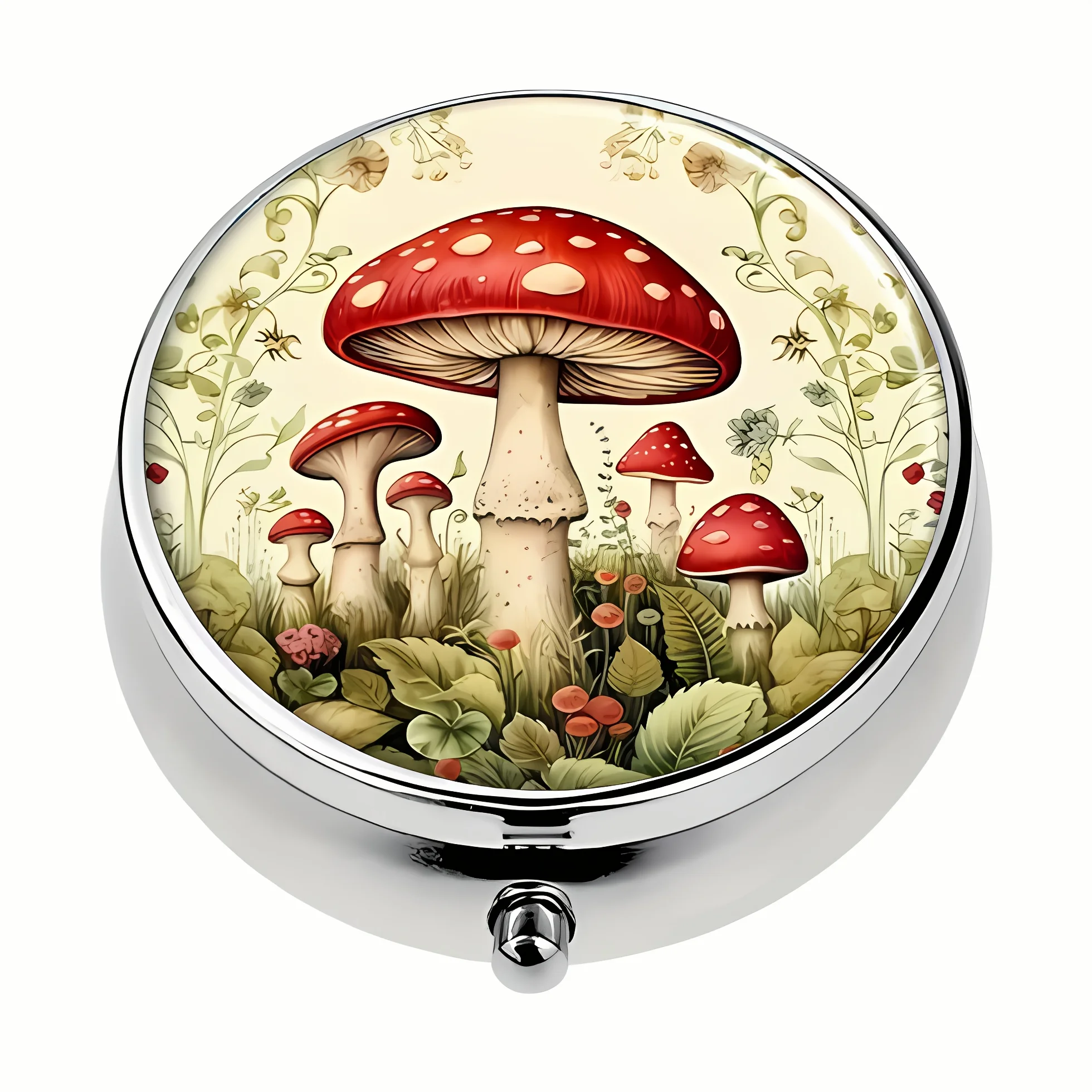 1 Round Metal Pill Box, with a Fresh Fairy Tale Mushroom Forest Pattern, 3 Compartments, Portable Pill Organizer, Size - Perfect Gift for Women, Men, and Travelers