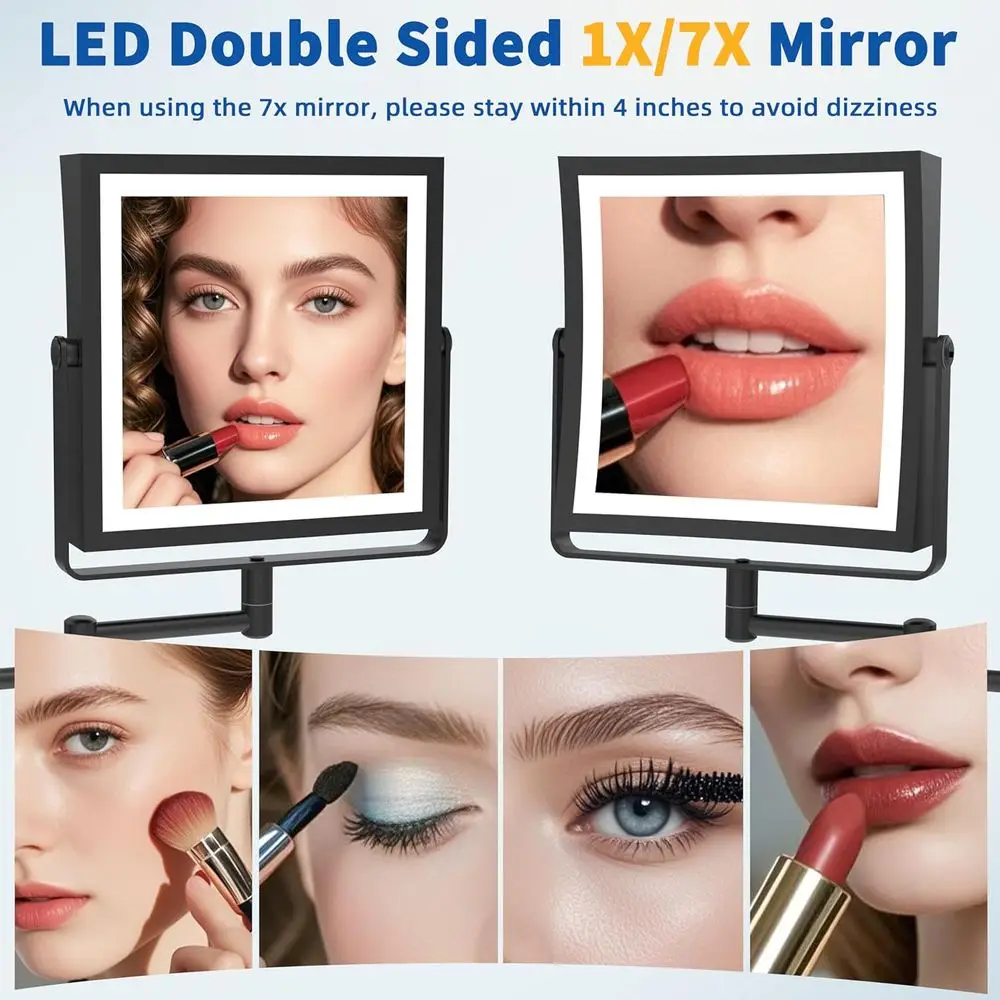 Espelho de maquiagem LED dupla face com 360 °   Rotação, escurecimento de tela sensível ao toque, ampliação 1X/7X, preto fosco