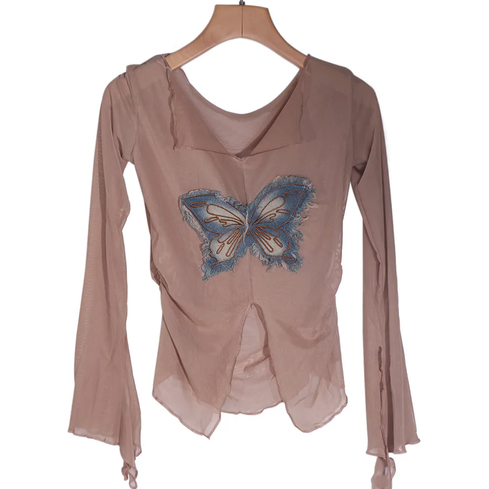 

V-neck Mesh Sheer T Shirts American Retro Long Sleeves Butterfly Patchwork Tops Irregular Streetwear Shirts for Women