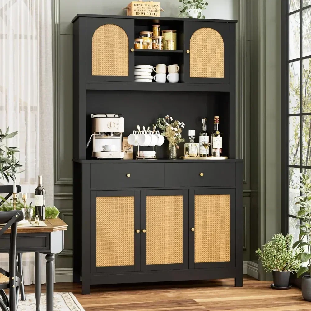 

Kitchen Pantry Cabinet, 71" Tall Kitchen Cabinet Hutch Cabinet with Rattan Doors and Microwave Stand, Rattan Kitchen Hutch