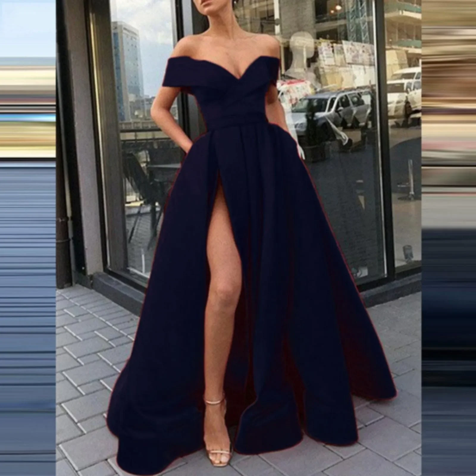 Party Maxi Dress Prom Women Sexy V Neck Solid Elegant Sleeveless High Slit Dress Lady Fashion Off Shoulder Pleated Dress Vestido