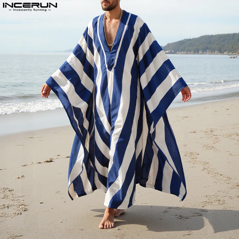 

INCERUN Men Robes Striped Long Style T Shirt Deep V Neck Long Sleeve Casual Men Clothing Streetwear Oversize Fashion Male Robes