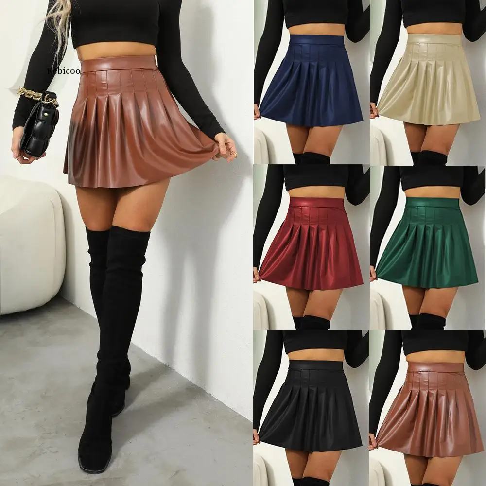 

Women's Faux PU Leather Skirts Casual Clubwear High Waist Elastic Stretch Pleated A-Line Skirt