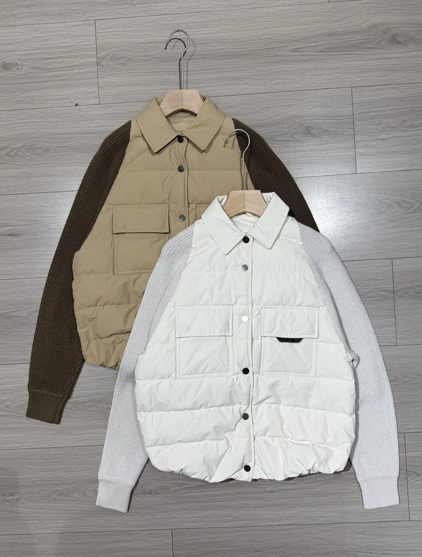 2 Colors Women Knitted Splices Down Jacket Long Sleeve Single Breasted Lapel Pleated Warm Female Winter New Coat