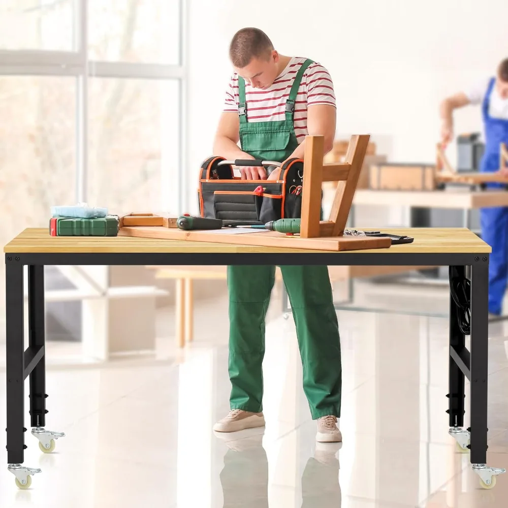 منضدة عمل شديدة التحمل قابلة للتعديل بسعة 1800 رطلاً، وطاولة عمل من الخشب الصلب، ومنافذ دوارة ومنافذ طاقة #2