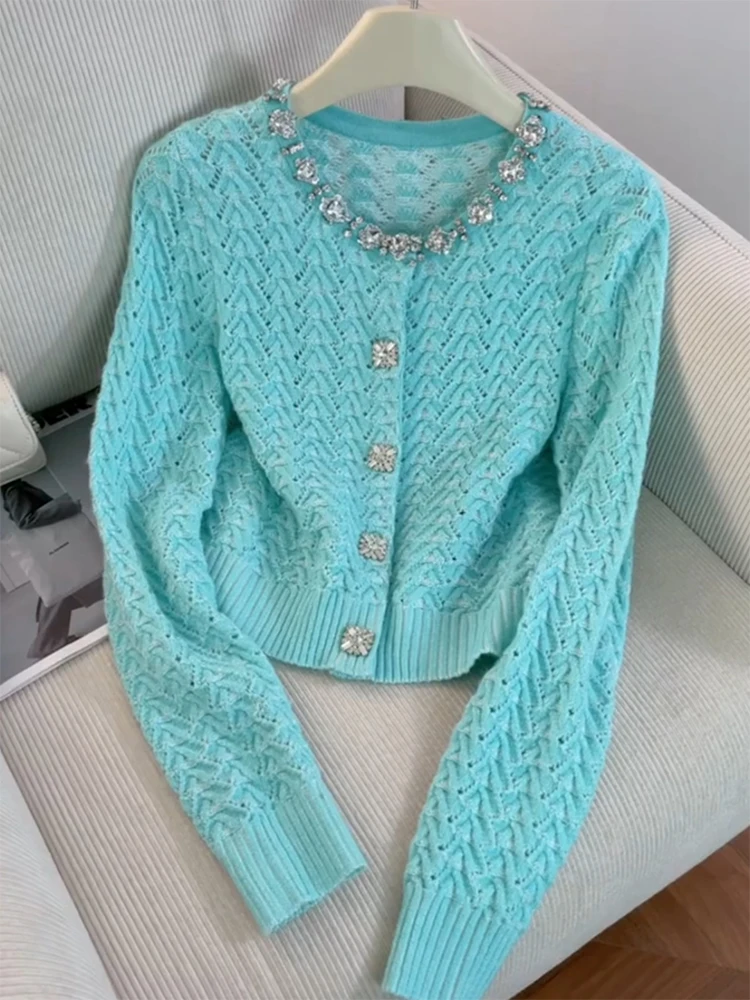

Вязаный кардиган с ромбовидным узором и стразами, открытый, на пуговицах, Зима 2025, Новинка, Большой размер, Модный, Омолаживающий эффект, Топ