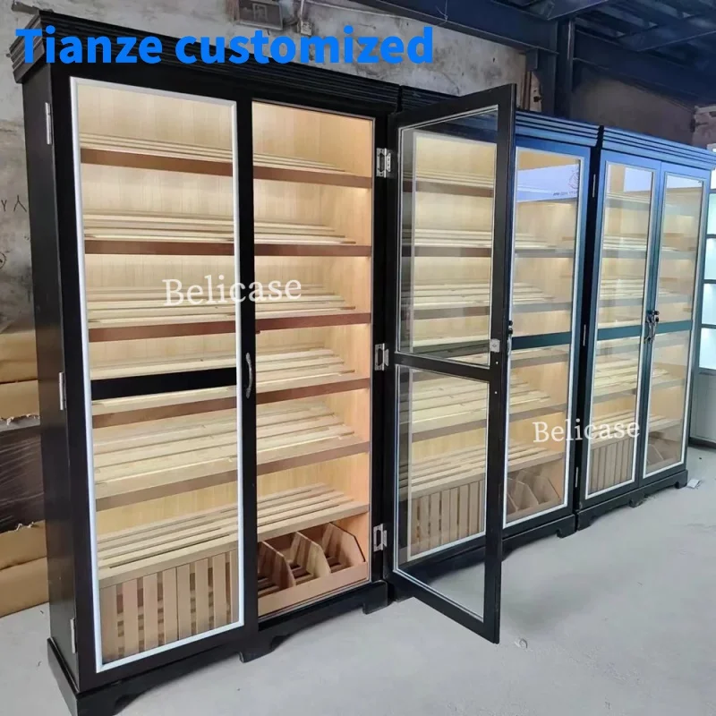 (customized)Smoke Shop Furniture Double Door Showcase Display Cigar with Led Lights Cigar Humidifier Cabinet Cigar Humidor C