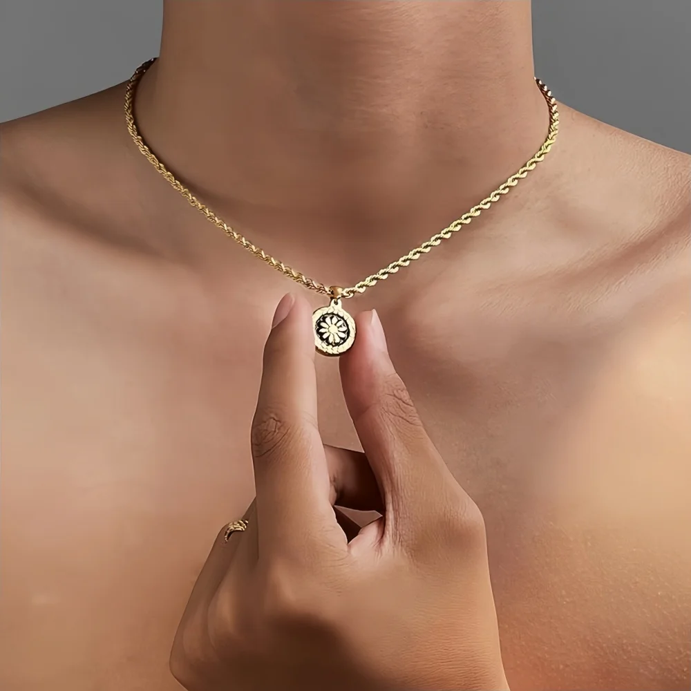 Vintage Runde Münze Schwarze Tropfen-Glasur Blumen-Anhänger Halskette Hip-Hop Goldfarben Edelstahl Gedrehte Kette Herrenschmuck – Detail 4