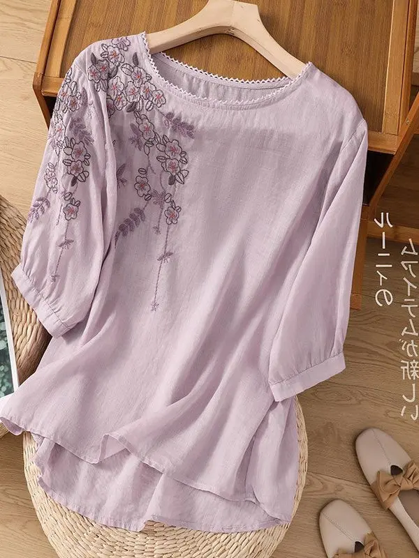 Été 2025 nouveau rond Ne irt mince coton lin broderie Art minceur Vintage ample ort Sve t-shirt petit irt