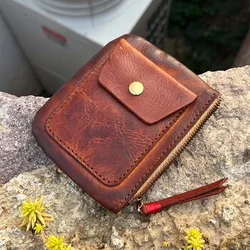 Handmade Minimalist Leather Wallet Tan Leather Zipper Wallet Women Retro Key Holder Small Money Bag