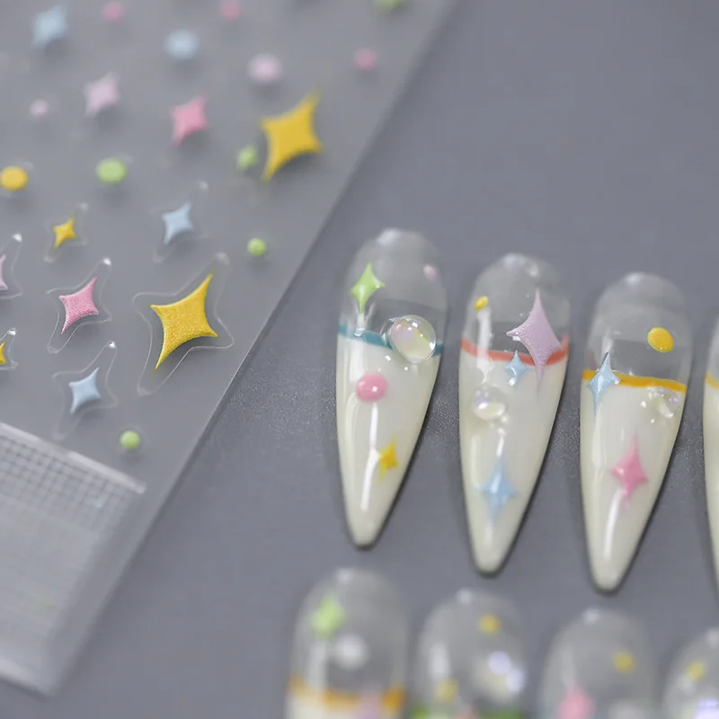 Colored Stars Cute 5D Embossed Reliefs Self Adhesive Nail Art Decorations Stickers Colorful Meteor 3D Manicure Decals Wholesale