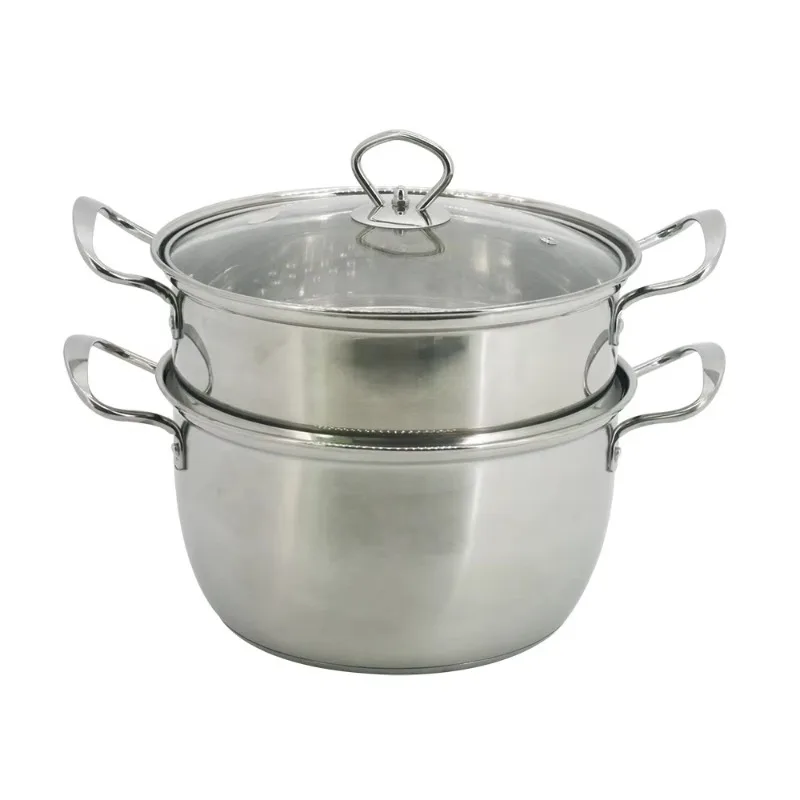 Stainless steel pot with two-layer steamer, induction cooker bottom