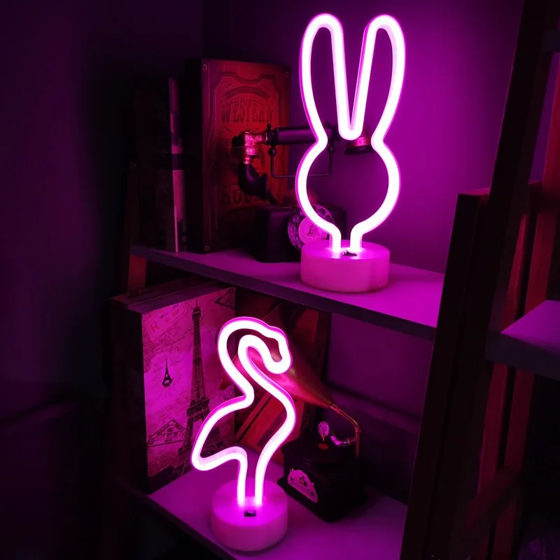 LED Neon Night Light Sign Flamingo Rabbit Table Lamp Kids Bedroom Party Birthday Holiday Christmas Art Decor Children Gift