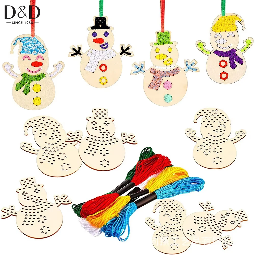 42pcs/set Snowman Wooden Cross Stitch Kit Embroidery Art Pendants Cross Stitching Keyrings for Home Decoration Supplies