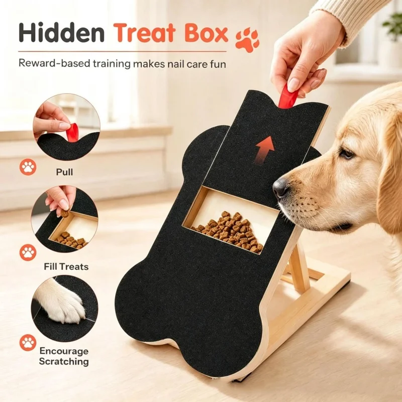 Wooden Dog Nail Scratch Board with Pull out Trim Pad Built-In Treat Box Sandpaper Scratcher Puppy Claw Filing Paw Grooming Tool - view 3