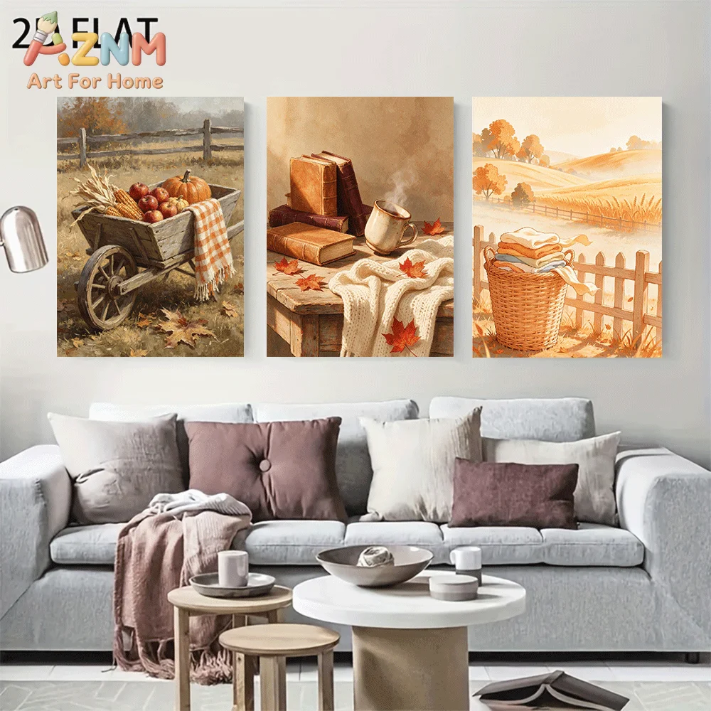 AZNM Frameless Canvas Wall Art, Vintage Fall Harvest Pumpkin Book Coffee Print, Cozy Autumn Farm Countryside Scenery Wall Decor