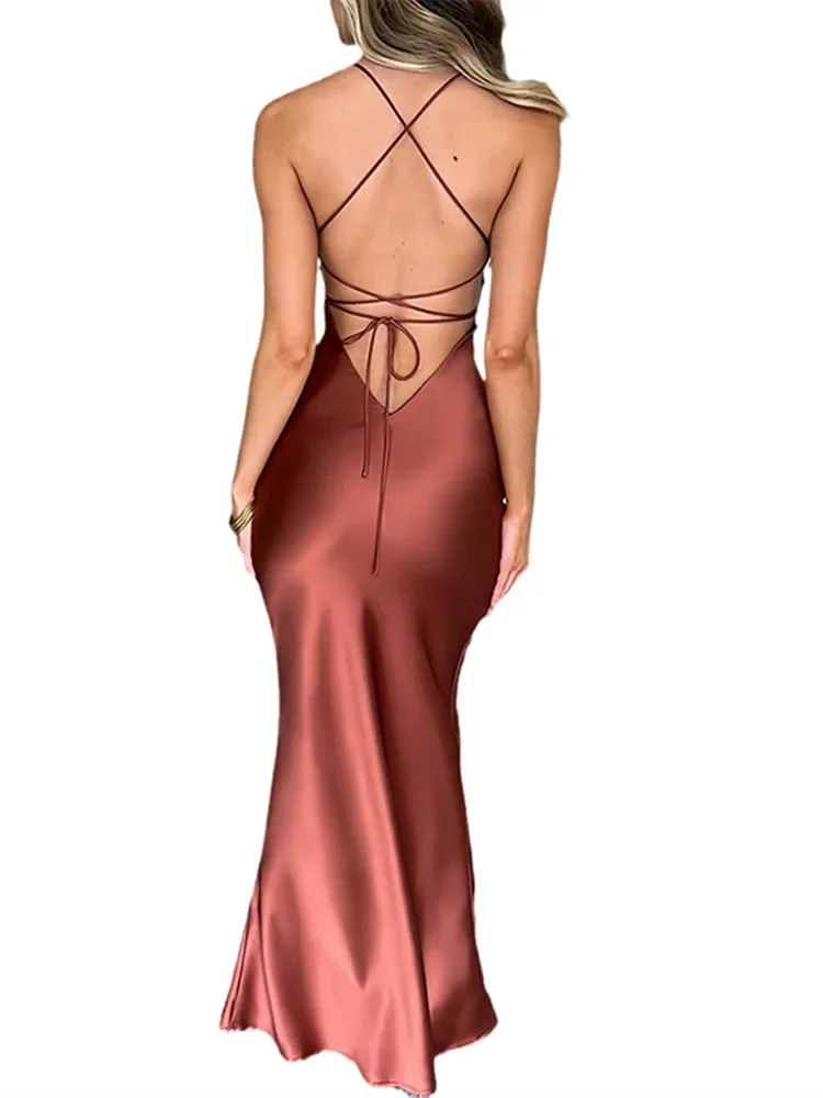 夏の新しいセクシーなスパゲッティストラップの女性のドレスエレガントな固体ソフトサテン包帯背中の開いたカジュアルパーティークラブ Vestidos