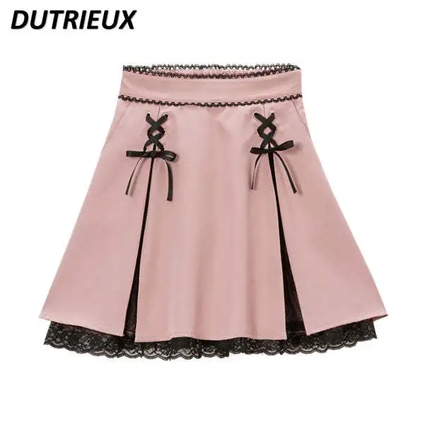 Jupe courte taille haute en dentelle pour filles, mini jupes Y2K, bretelles mignonnes, épissure, amincissant, grand nœud, en forme de A, document solide, doux, japonais