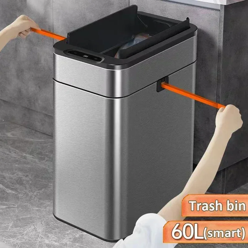 

60L Kitchen Smart Trash Can Large Stainless Steel Garbage Bin Rectangular Waste Bin Luxury 40L Trash Basket Home Wastebasket